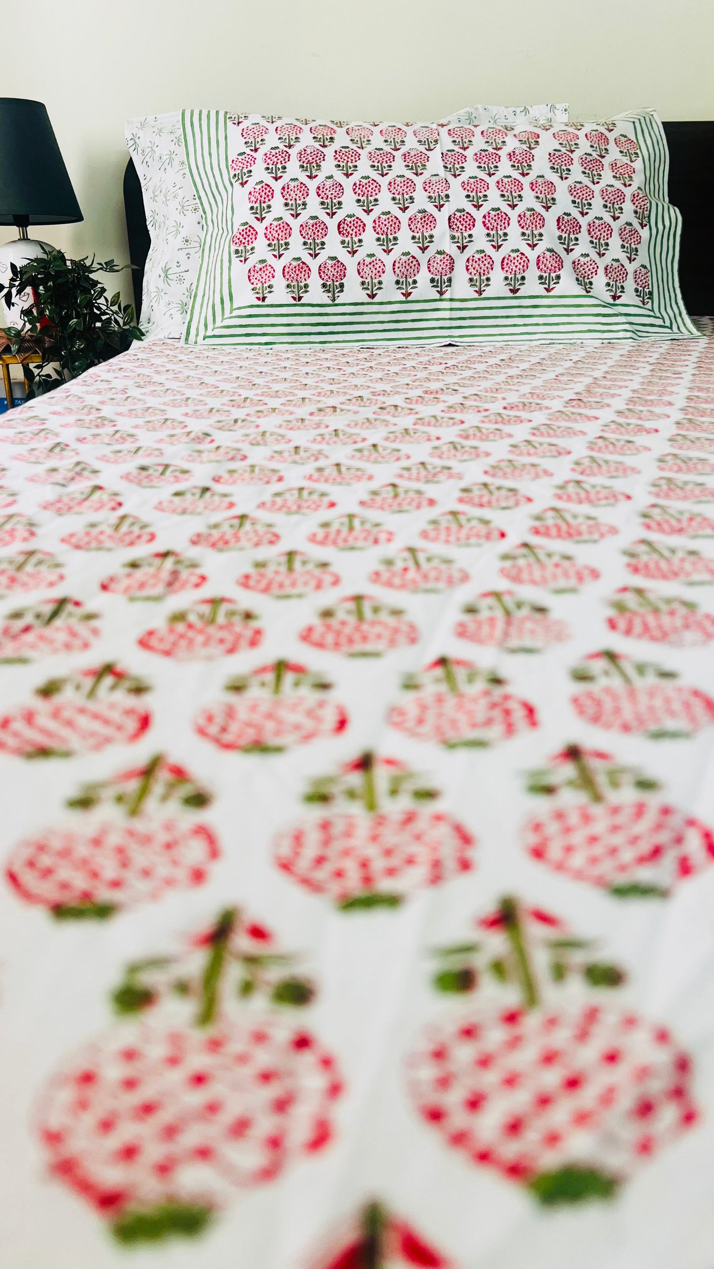 Garden of Pomegranate Cotton Block Printed Fitted Bedsheet