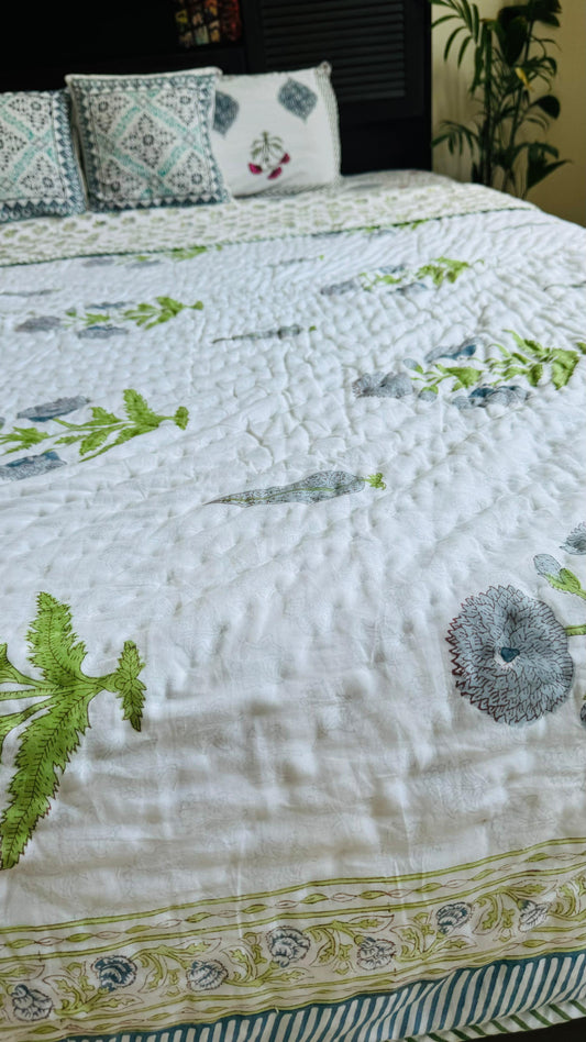Grey Bliss Mul Mul Cotton Block Printed King Size Reversible Quilt