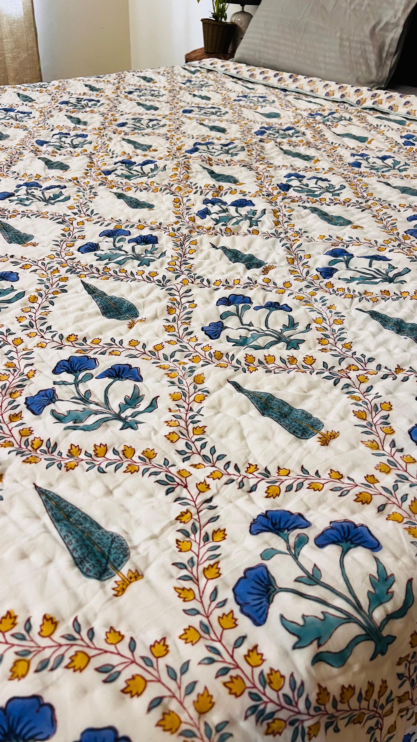 Magnolia Jaal Mul Mul Cotton Block Printed King Size Reversible Quilt