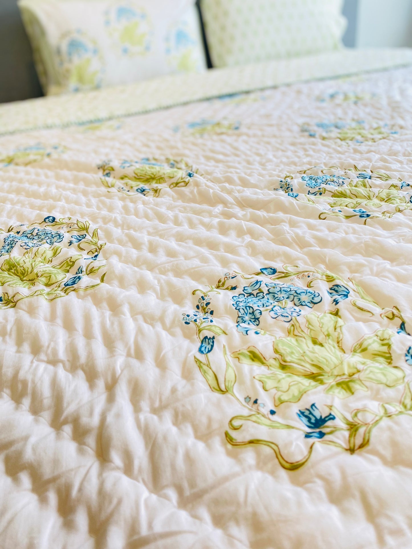 Blue Cypress Mul Mul Cotton Block Printed King Size Reversible Quilt