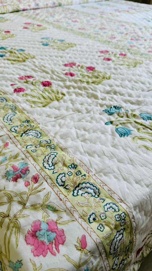 Grandma’s Garden Mul Mul Cotton Block Printed King Size Reversible Quilt