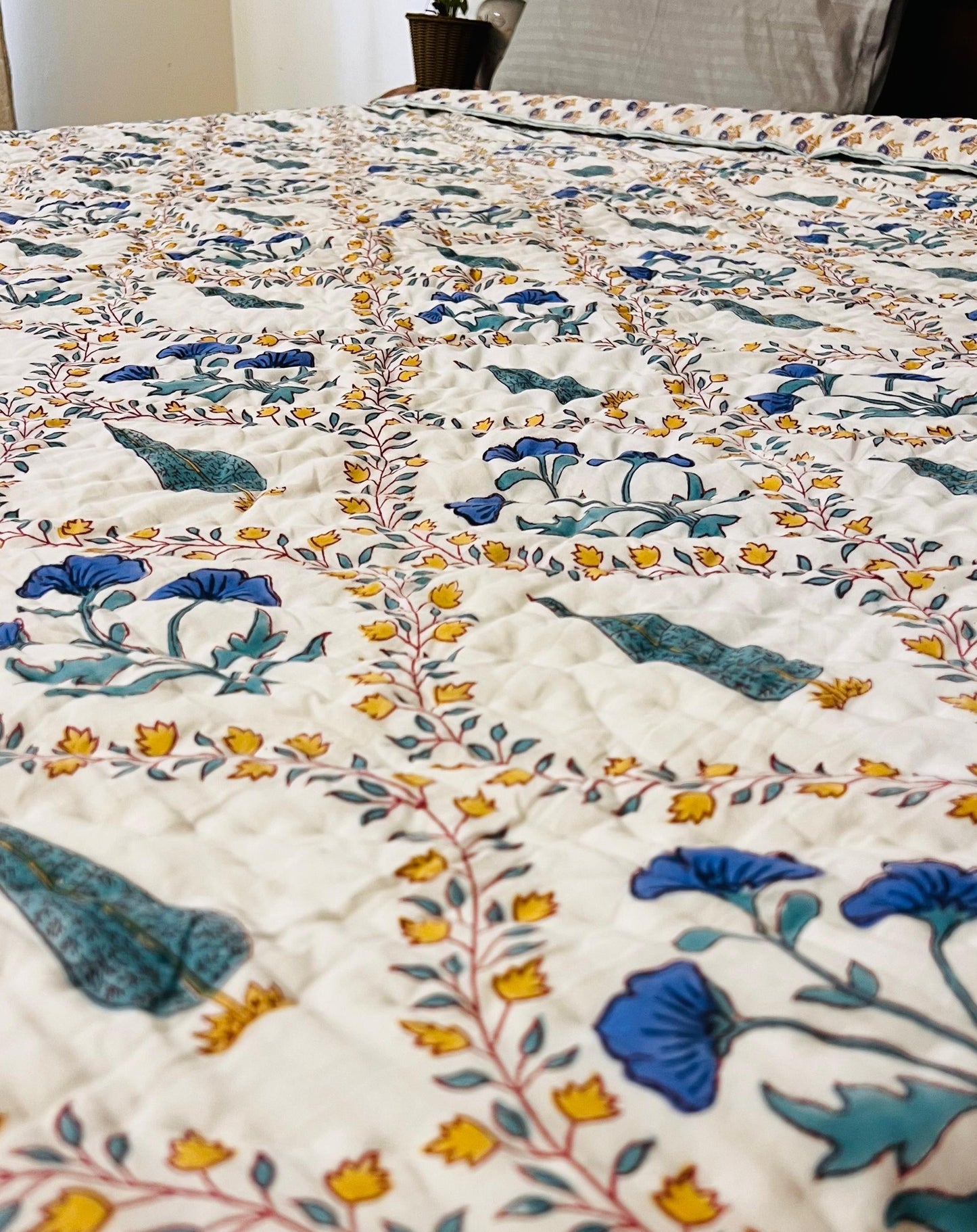 Magnolia Jaal Mul Mul Cotton Block Printed King Size Reversible Quilt