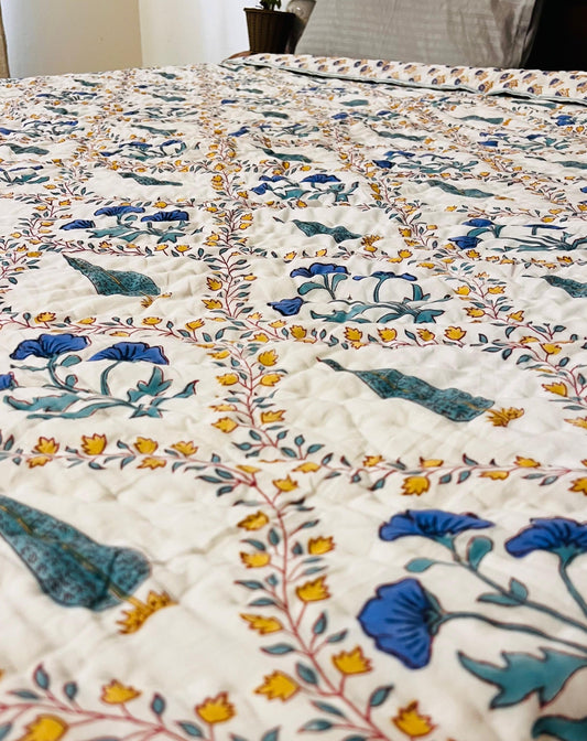 Magnolia Jaal Mul Mul Cotton Block Printed King Size Reversible Quilt