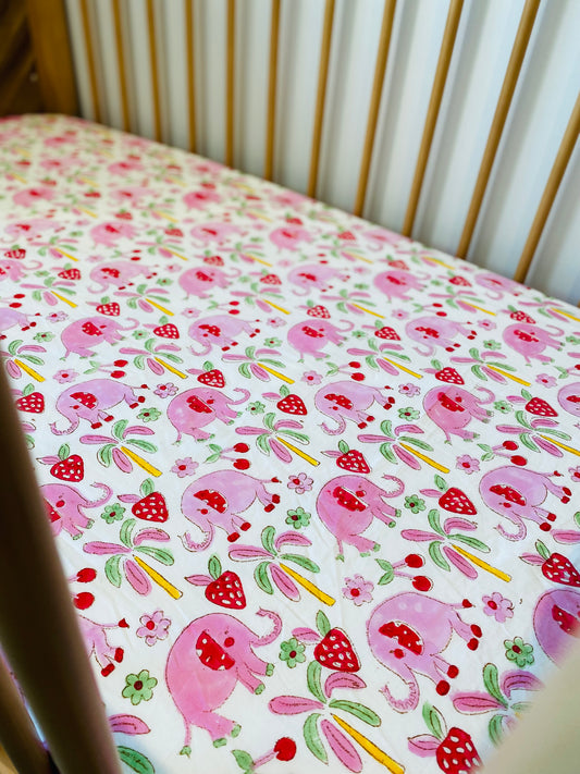 Pink Elephant Cotton Block Printed Fitted Cot sheet