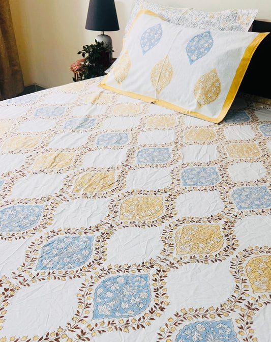Blue and Beige Mughal Garden Cotton Block Printed Fitted Bedsheet