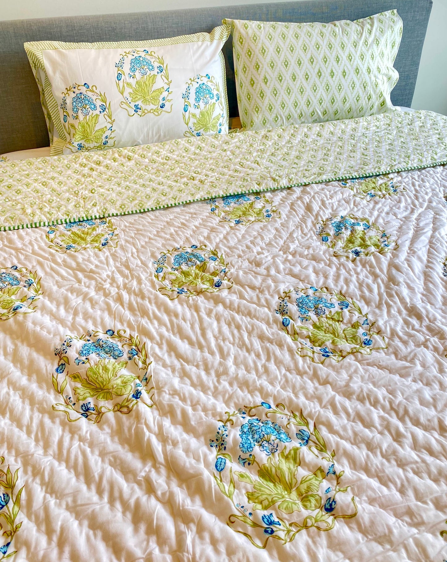 Blue Cypress Mul Mul Cotton Block Printed King Size Reversible Quilt