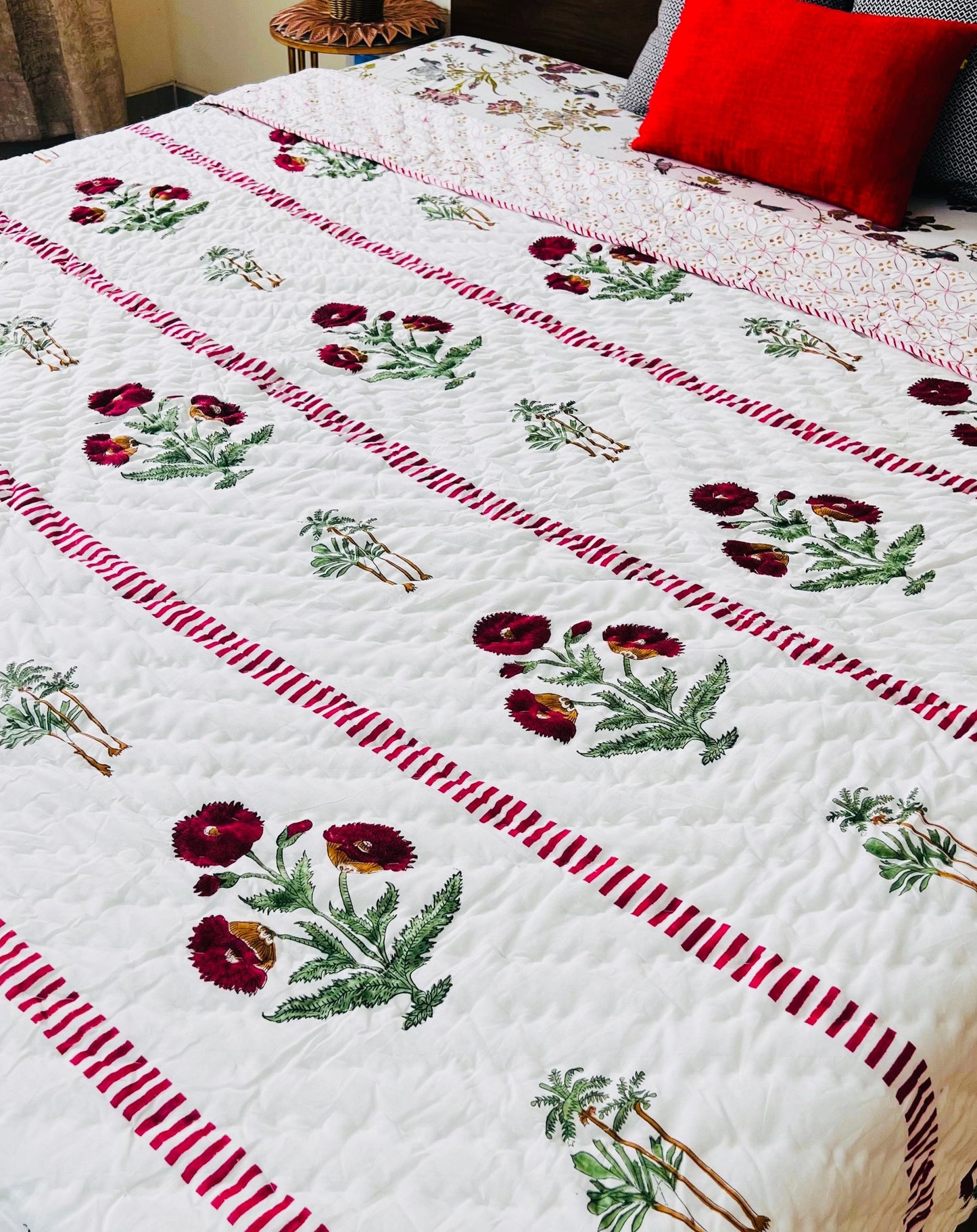 Red Poppy and Palm Tree Mul Mul Cotton Block Printed King Size Reversible Quilt
