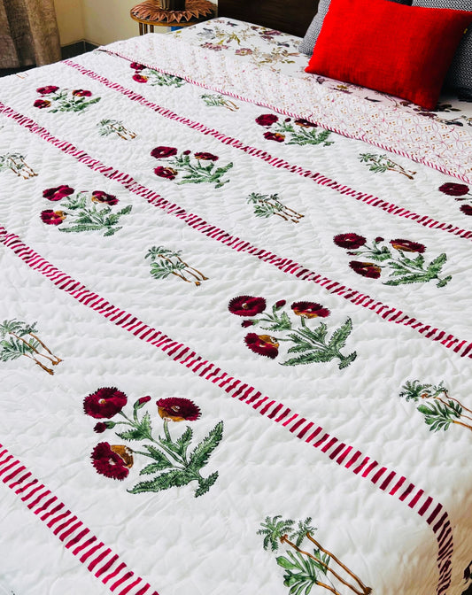 Red Poppy and Palm Tree Mul Mul Cotton Block Printed King Size Reversible Quilt