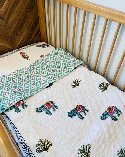 Elephant in the Bush Mul Mul Cotton Block Printed Reversible Baby Cot Quilt