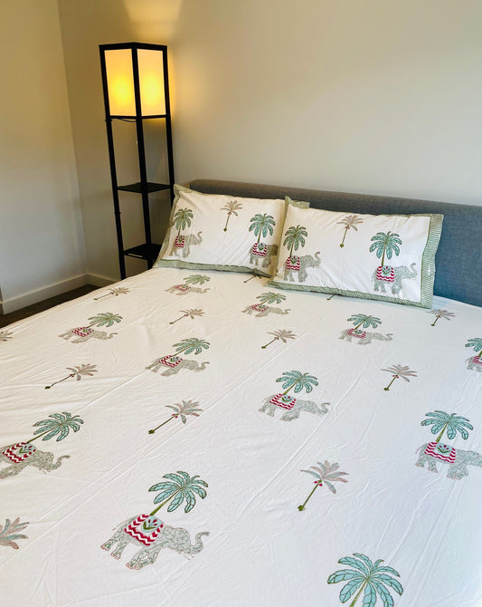 Elephant & Palm Tree Cotton Block Printed Fitted Bedsheet