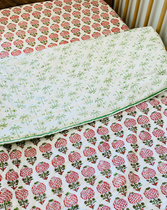 Garden of Pomegranate Mul Mul Cotton Block Printed Reversible Baby Cot Quilt