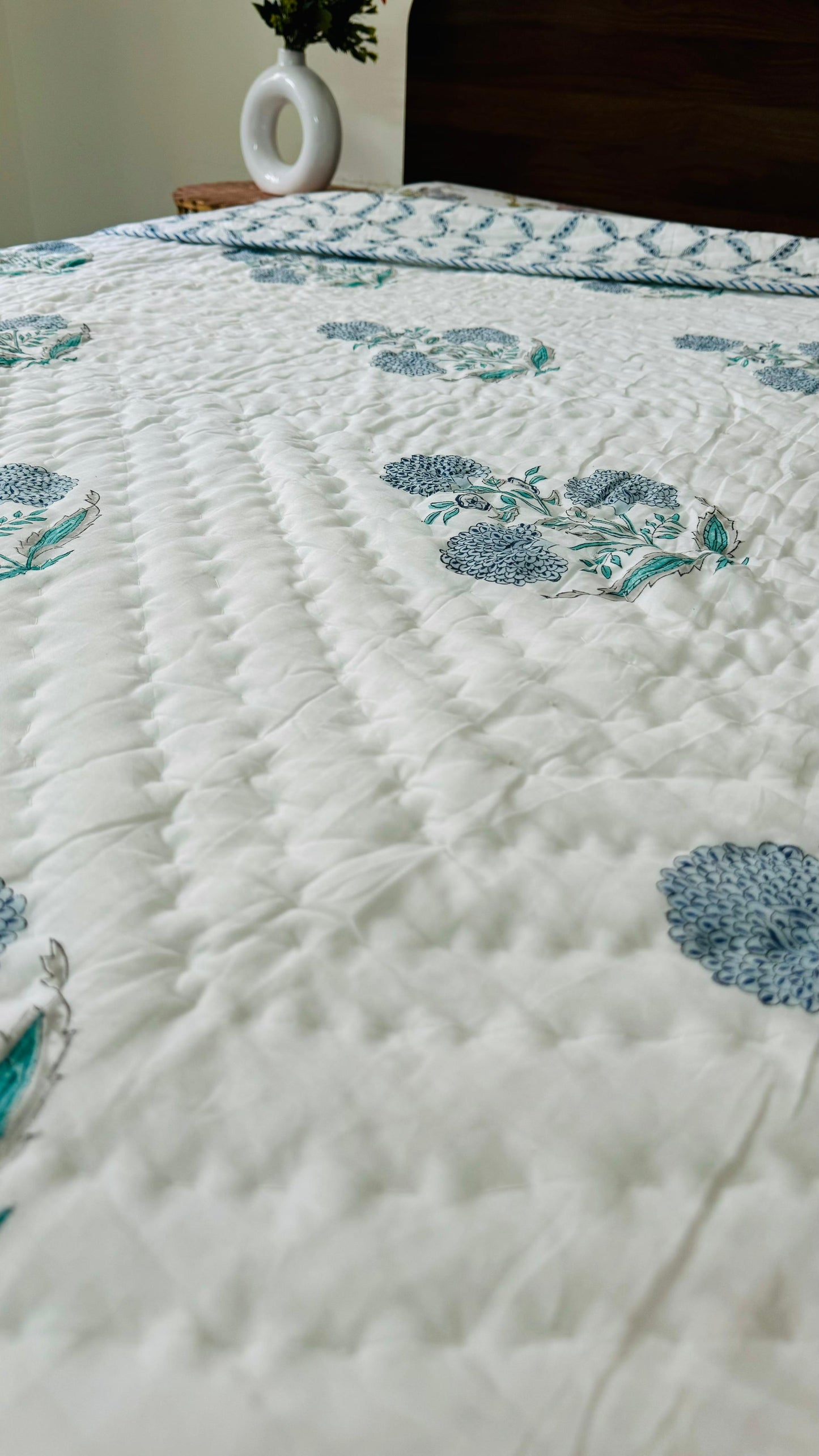 Ice Blue Garden Mul Mul Cotton Block Printed King Size Reversible Quilt