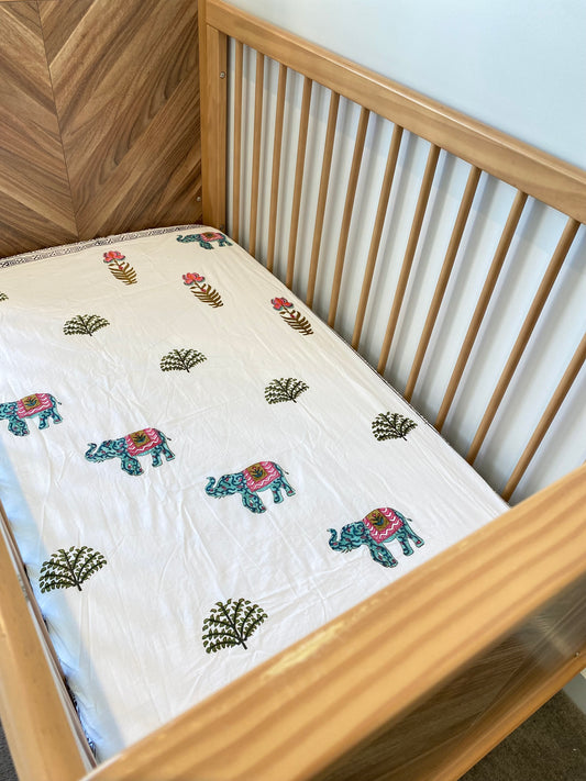 Elephant in the Bush Cotton Block Printed Fitted Cot sheet