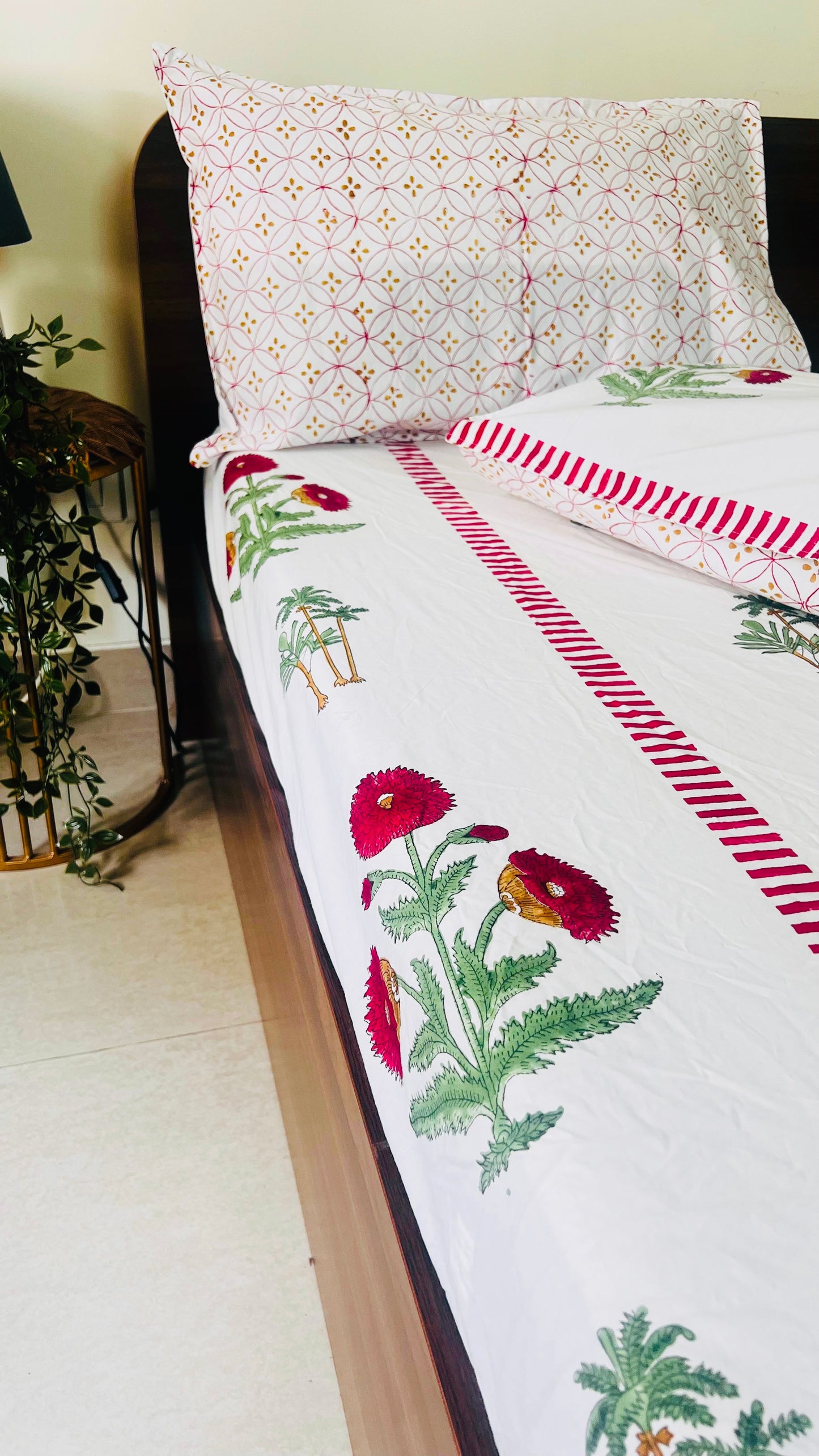 Red Poppy and Palm Tree Cotton Block Printed Fitted Bedsheet