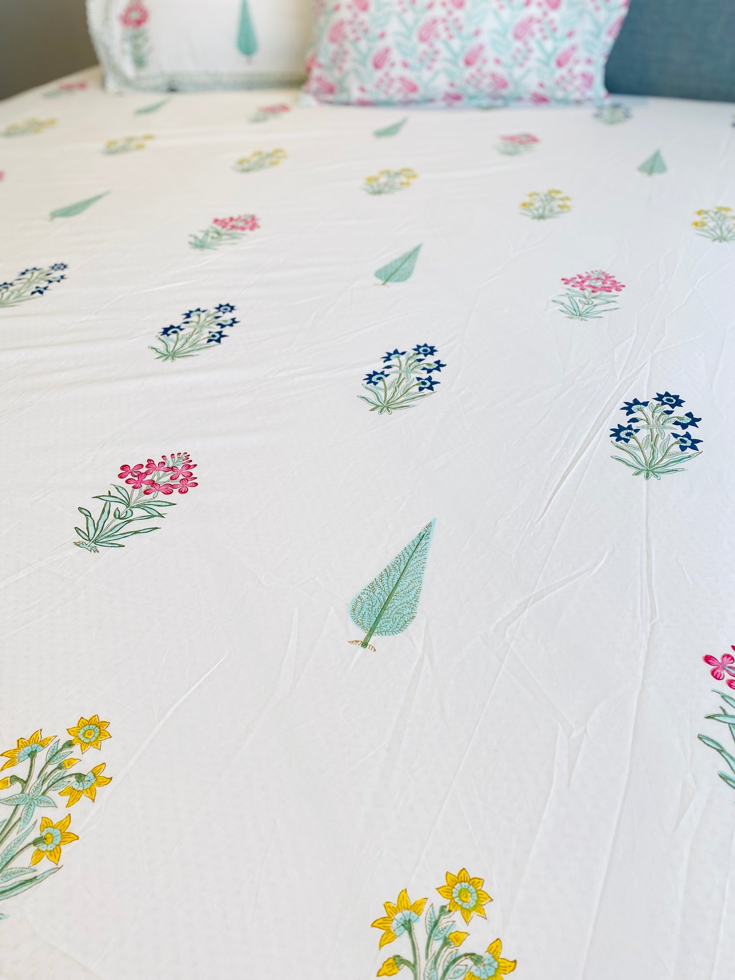 Floral Buti and Cypress Cotton Block Printed Fitted Bedsheet