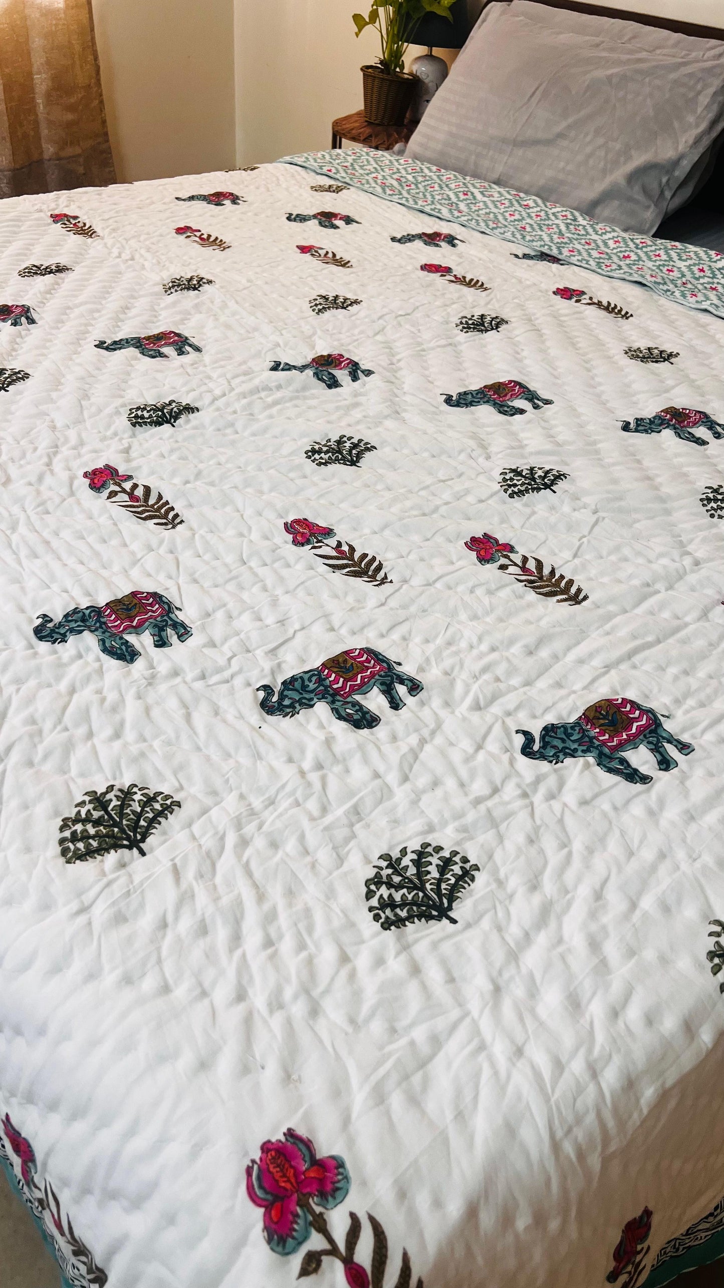 Elephant in the Bush Mul Mul Cotton Block Printed King Size Reversible Quilt