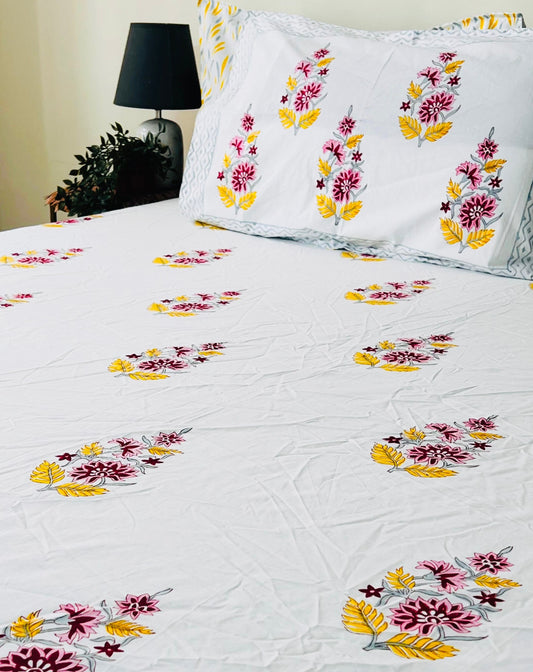 Yellow Poppy Bouquet Cotton Block Printed Fitted Bedsheet