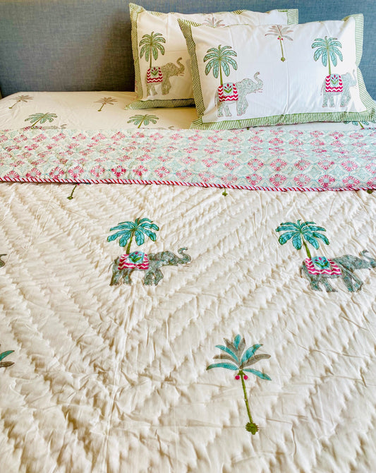 Elephant & Palm Tree Mul Mul Cotton Block Printed King Size Reversible Quilt