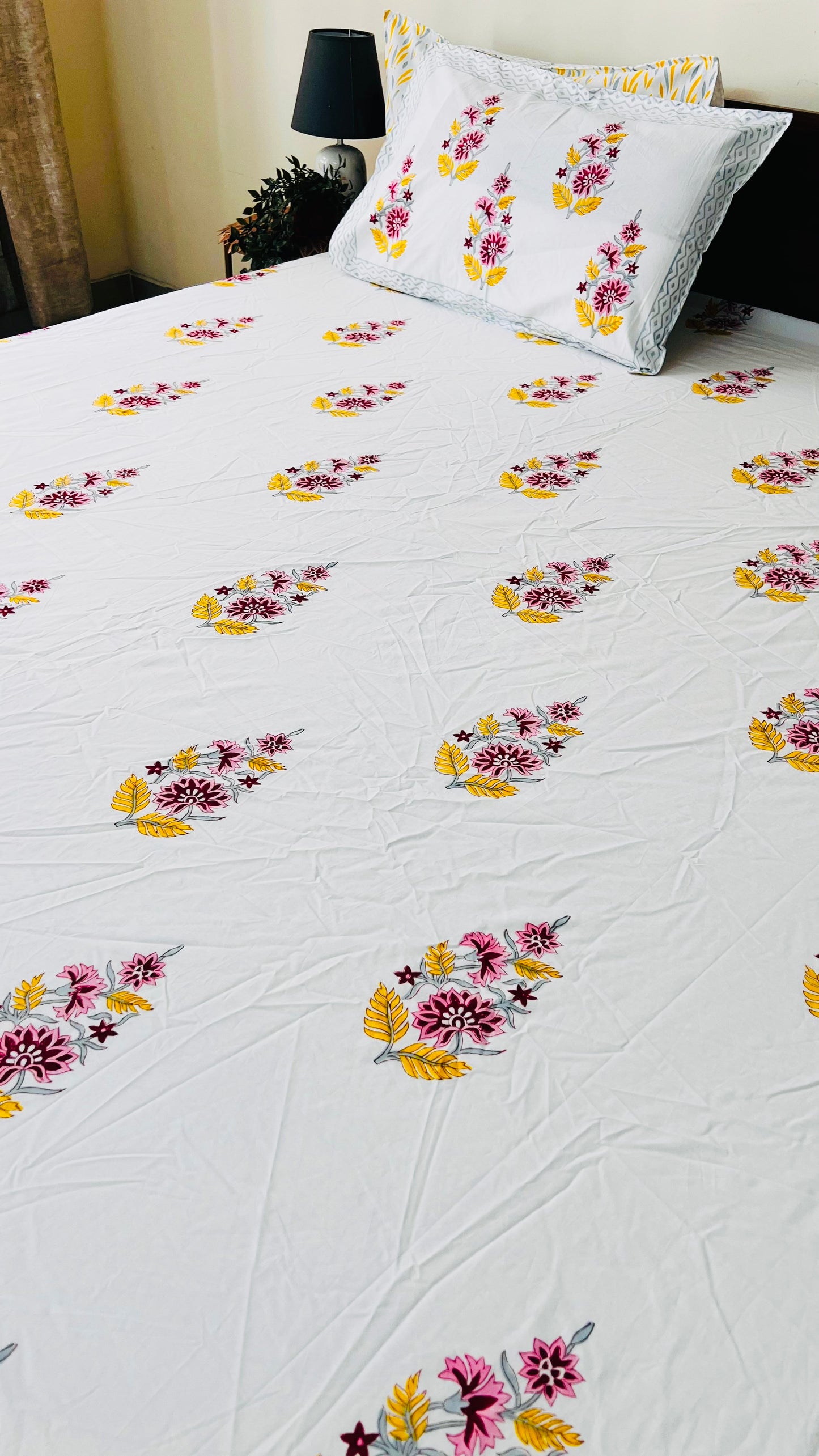 Yellow Poppy Bouquet Cotton Block Printed Fitted Bedsheet