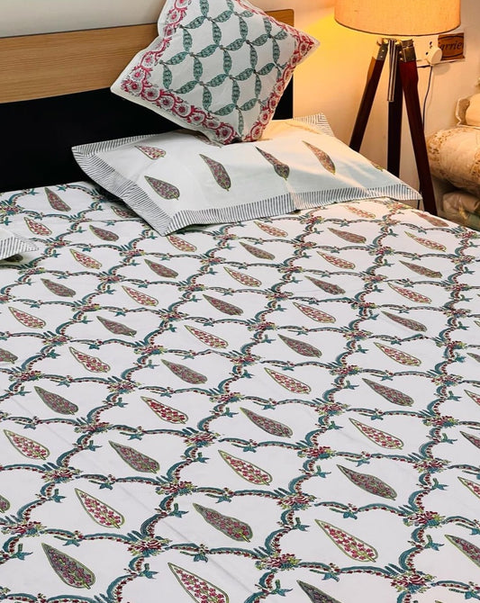 Multicolour Gulmohar Jaal Cotton Block Printed Fitted Bedsheet