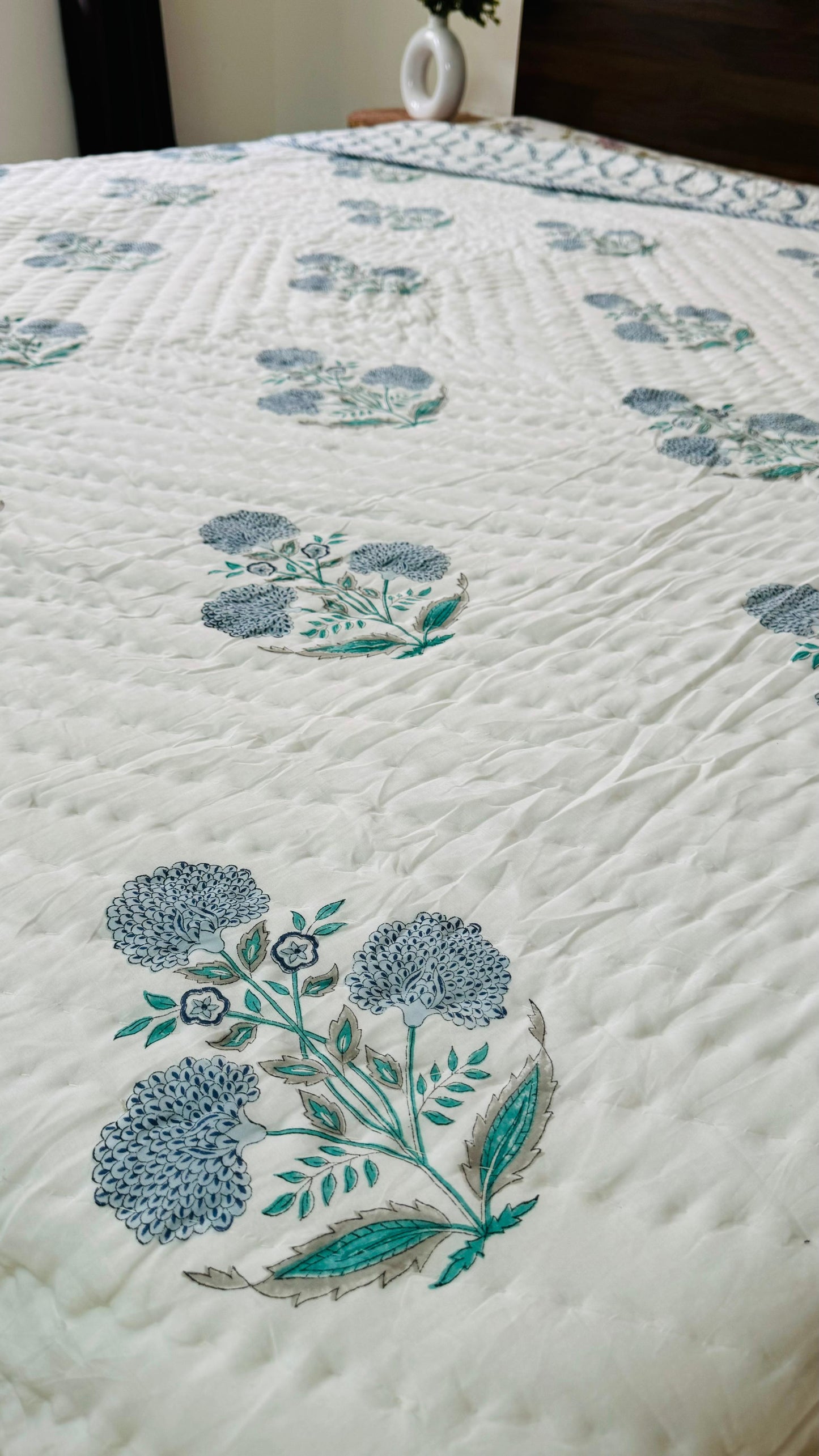 Ice Blue Garden Mul Mul Cotton Block Printed King Size Reversible Quilt