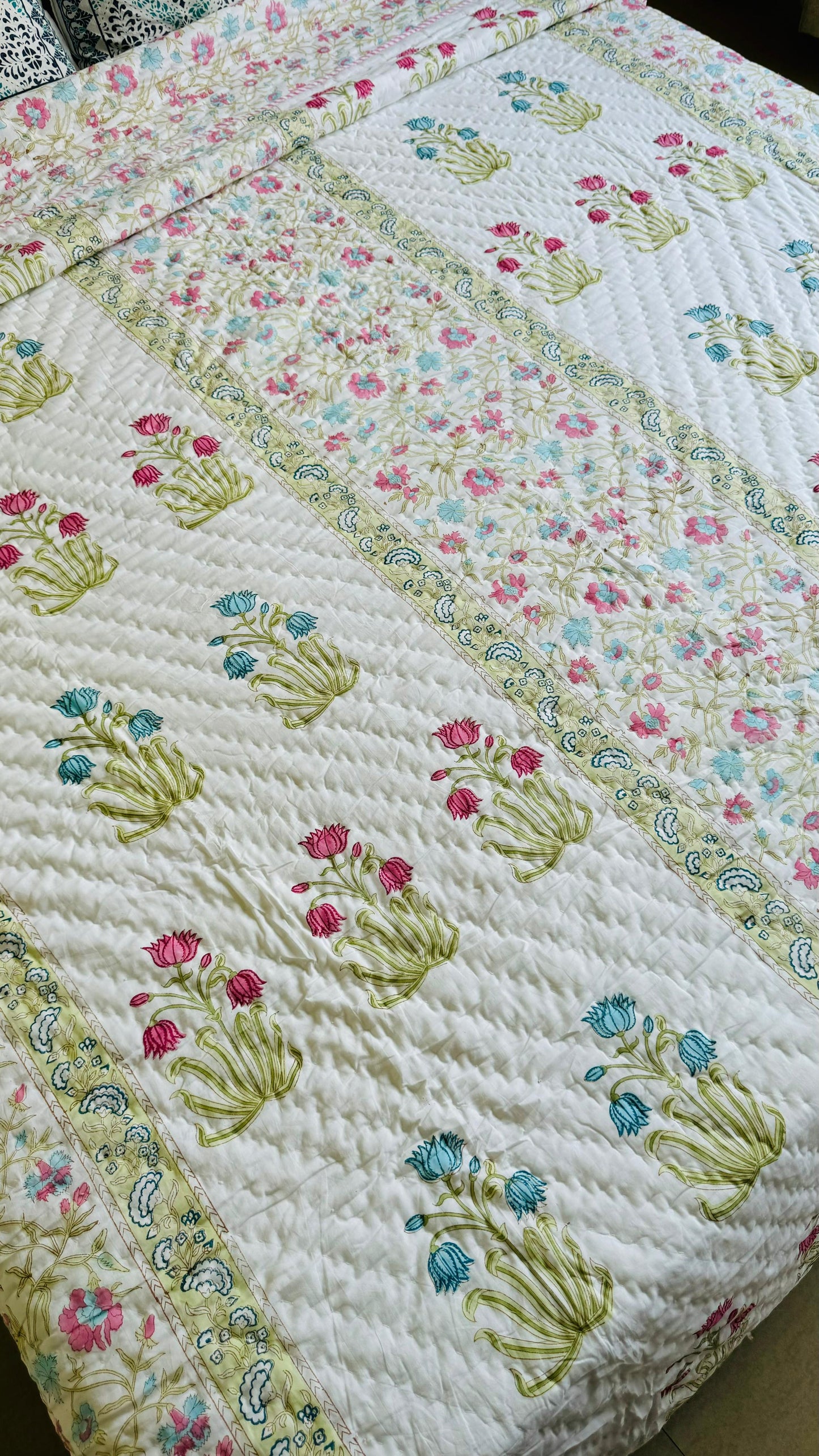 Grandma’s Garden Mul Mul Cotton Block Printed King Size Reversible Quilt