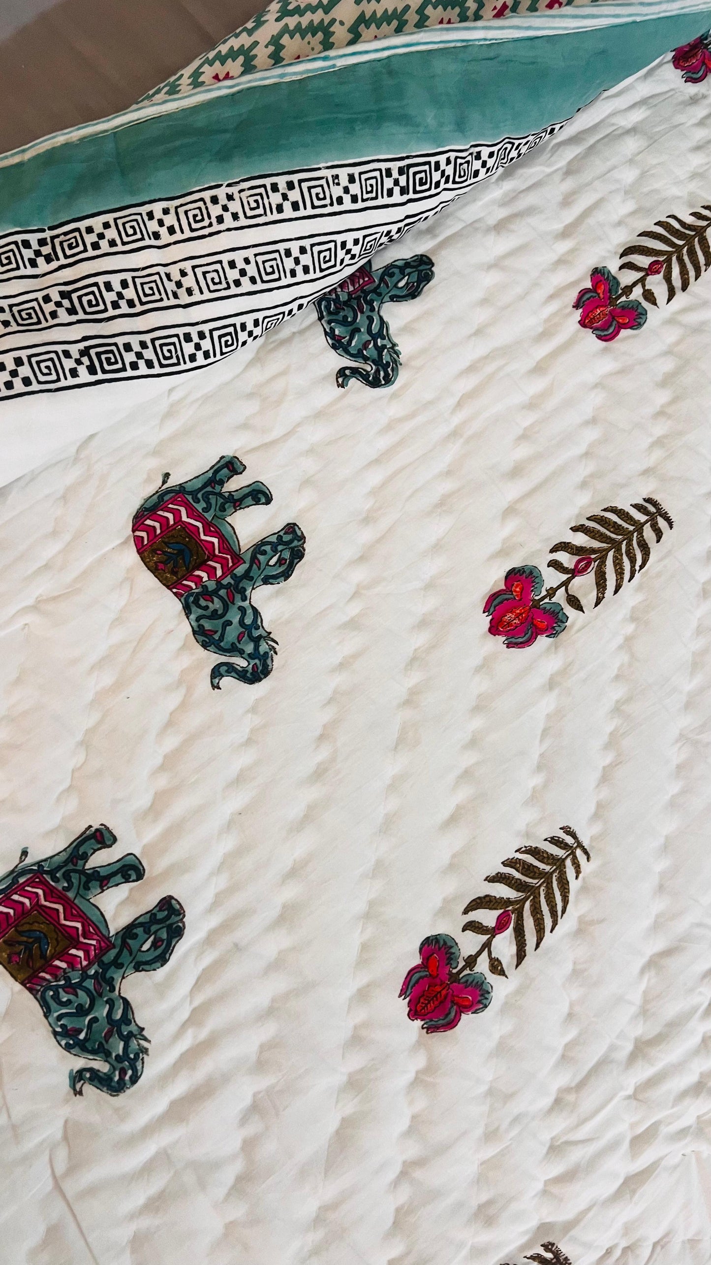 Elephant in the Bush Mul Mul Cotton Block Printed King Size Reversible Quilt