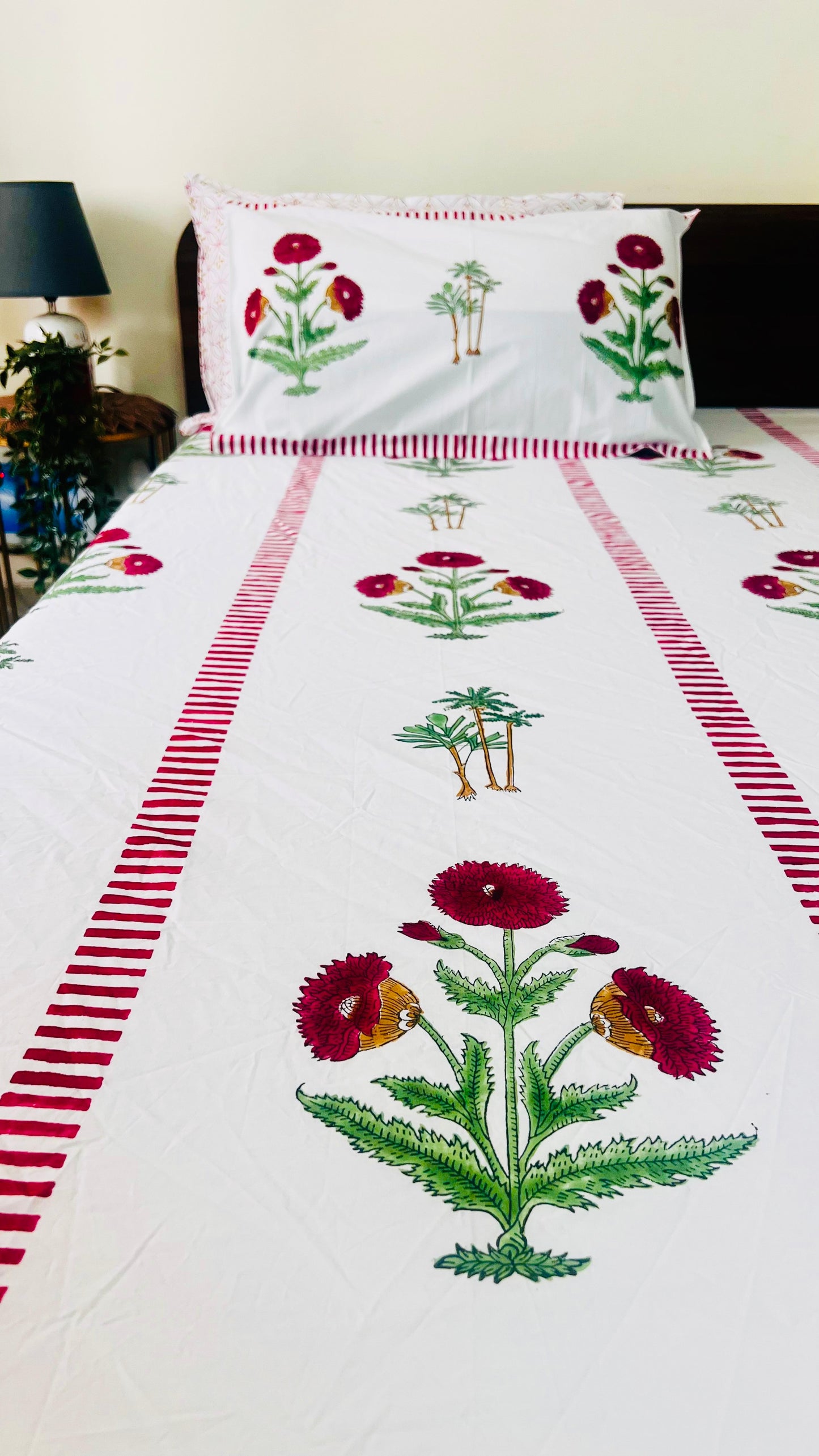 Red Poppy and Palm Tree Cotton Block Printed Fitted Bedsheet