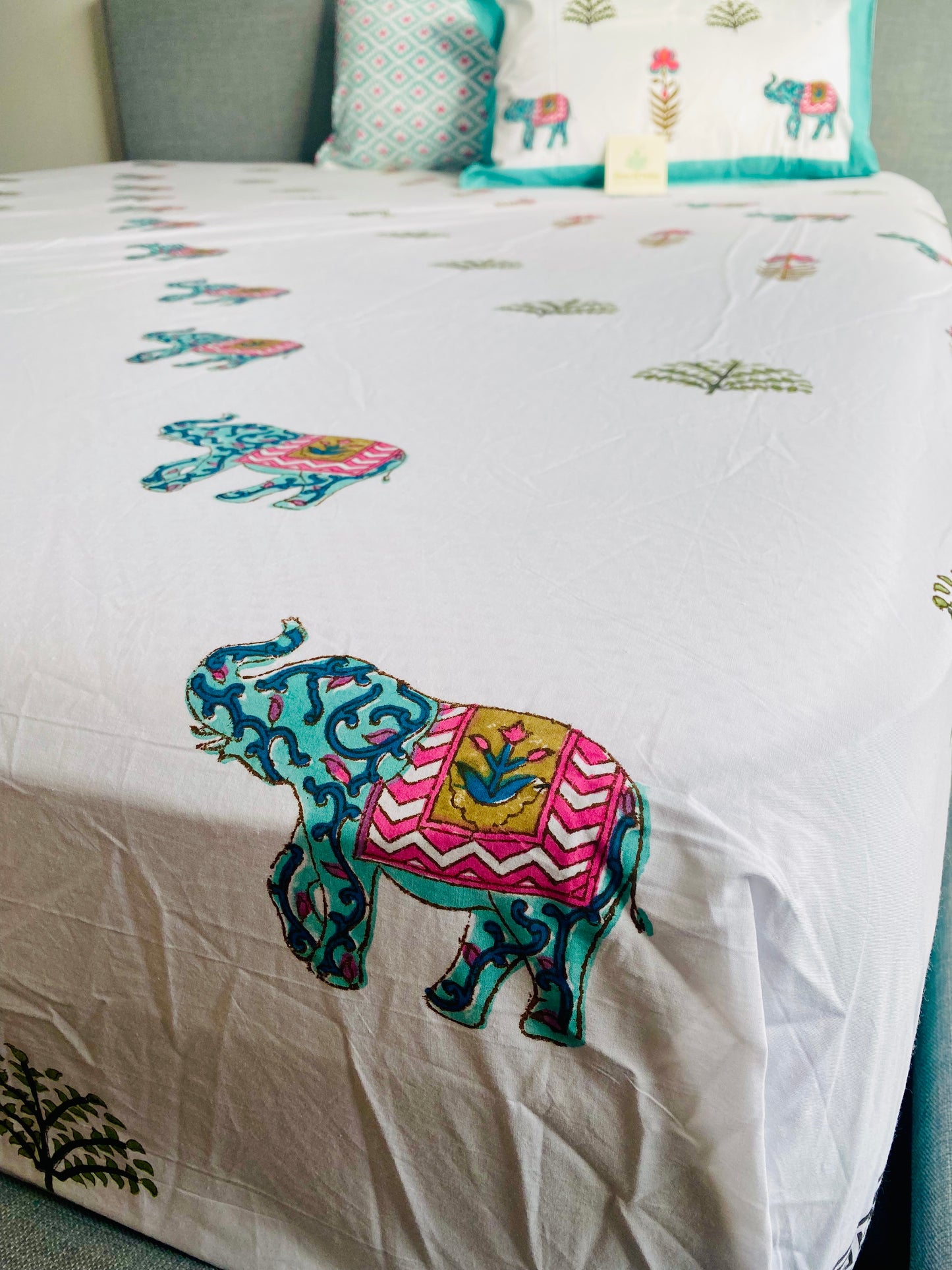 Elephant in the Bush Cotton Block Printed Fitted Bedsheet