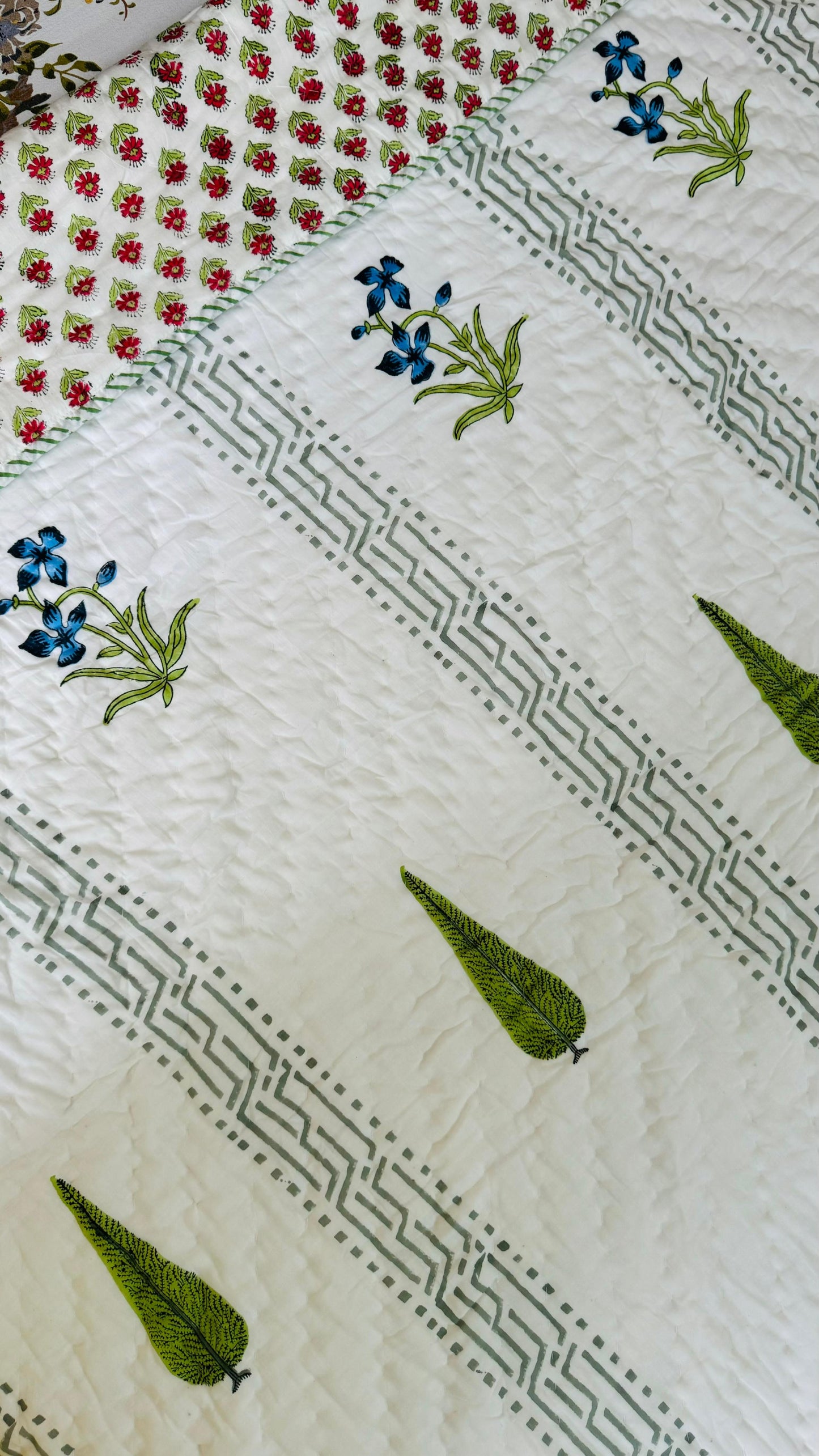 Panel Garden Mul Mul Cotton Block Printed King Size Reversible Quilt