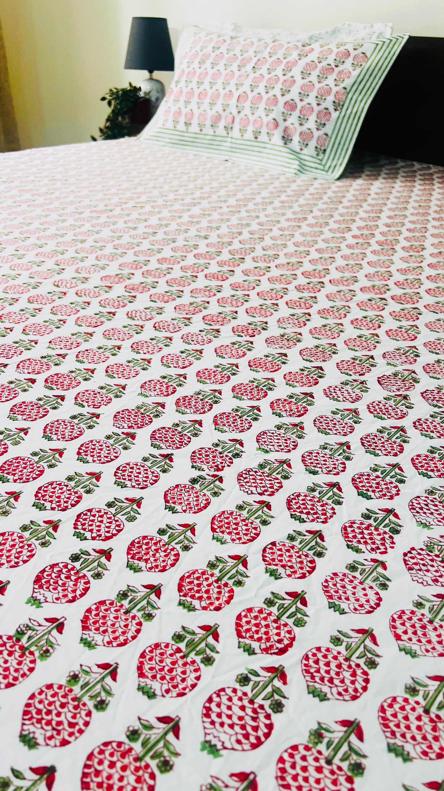 Garden of Pomegranate Cotton Block Printed Fitted Bedsheet