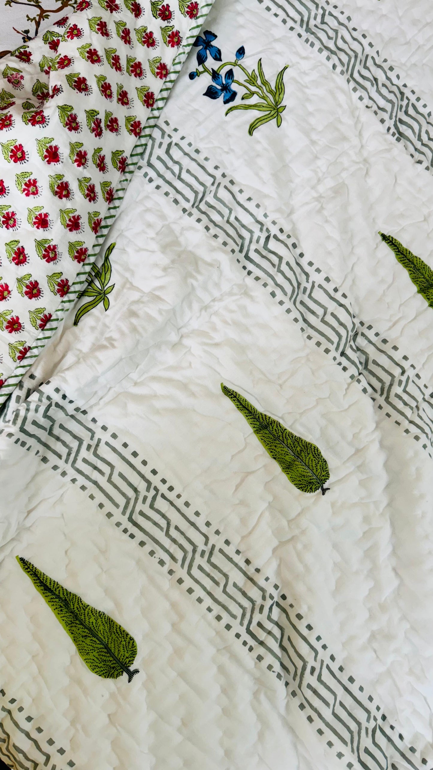 Panel Garden Mul Mul Cotton Block Printed King Size Reversible Quilt
