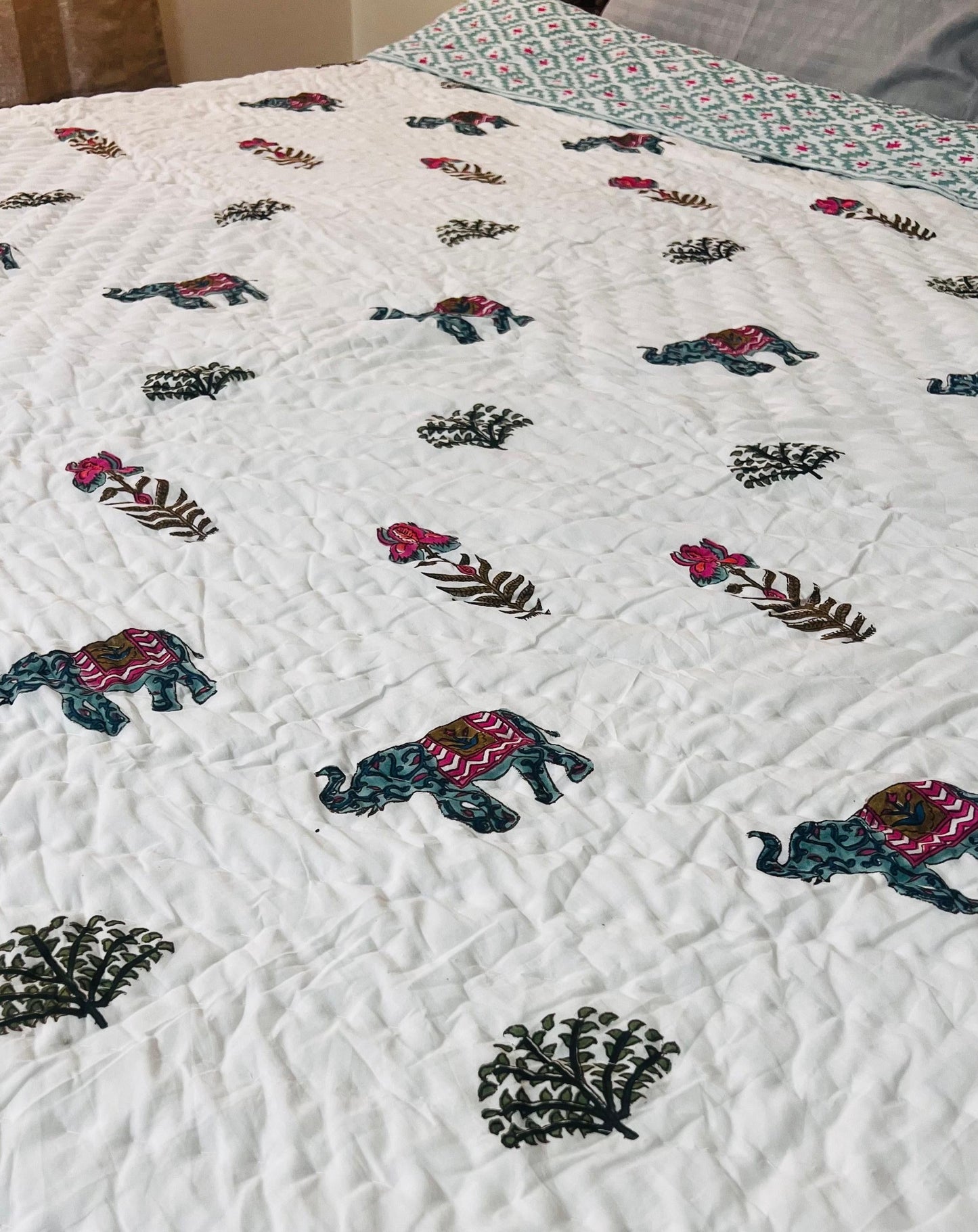 Elephant in the Bush Mul Mul Cotton Block Printed King Size Reversible Quilt
