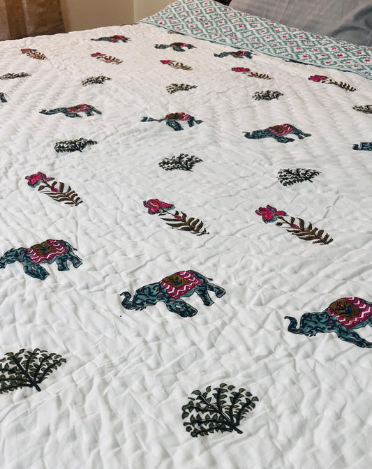 Elephant in the Bush Mul Mul Cotton Block Printed King Size Reversible Quilt