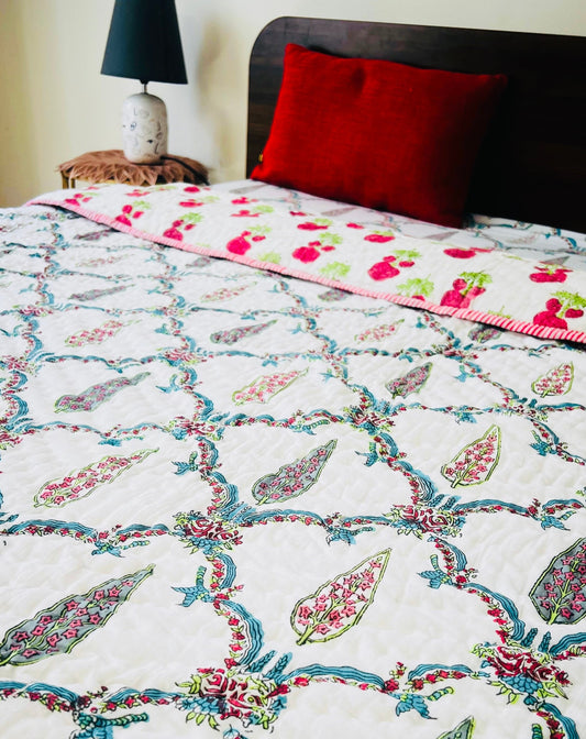 Multicolour Gulmohar Jaal Mul Mul Cotton Block Printed King Size Reversible Quilt