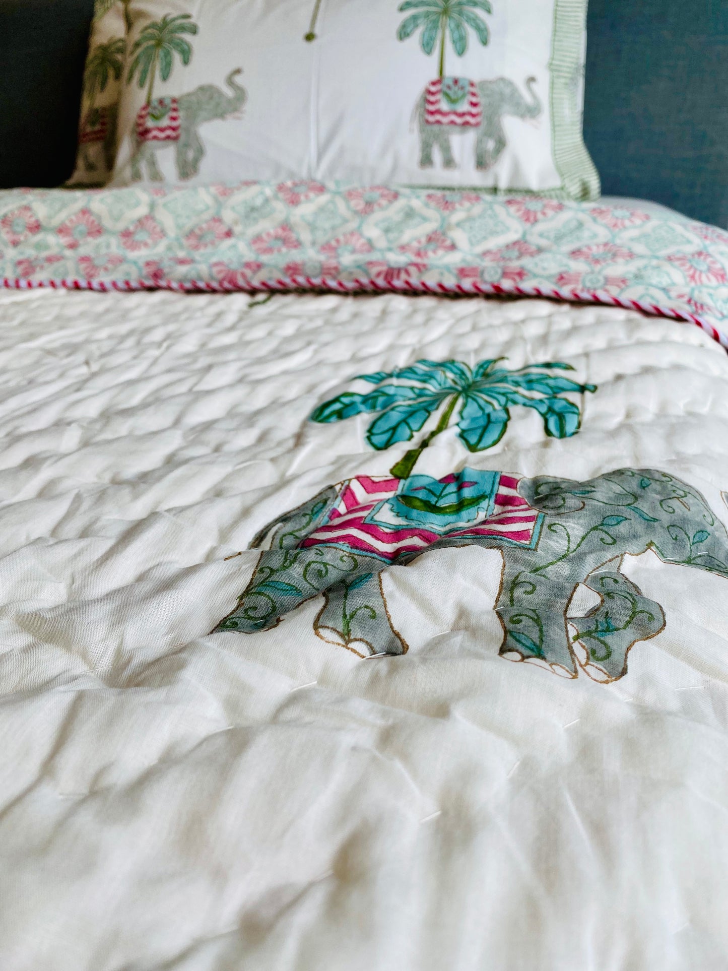 Elephant & Palm Tree Mul Mul Cotton Block Printed King Size Reversible Quilt