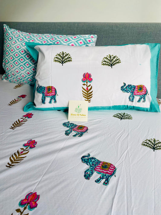 Elephant in the Bush Cotton Block Printed Fitted Bedsheet