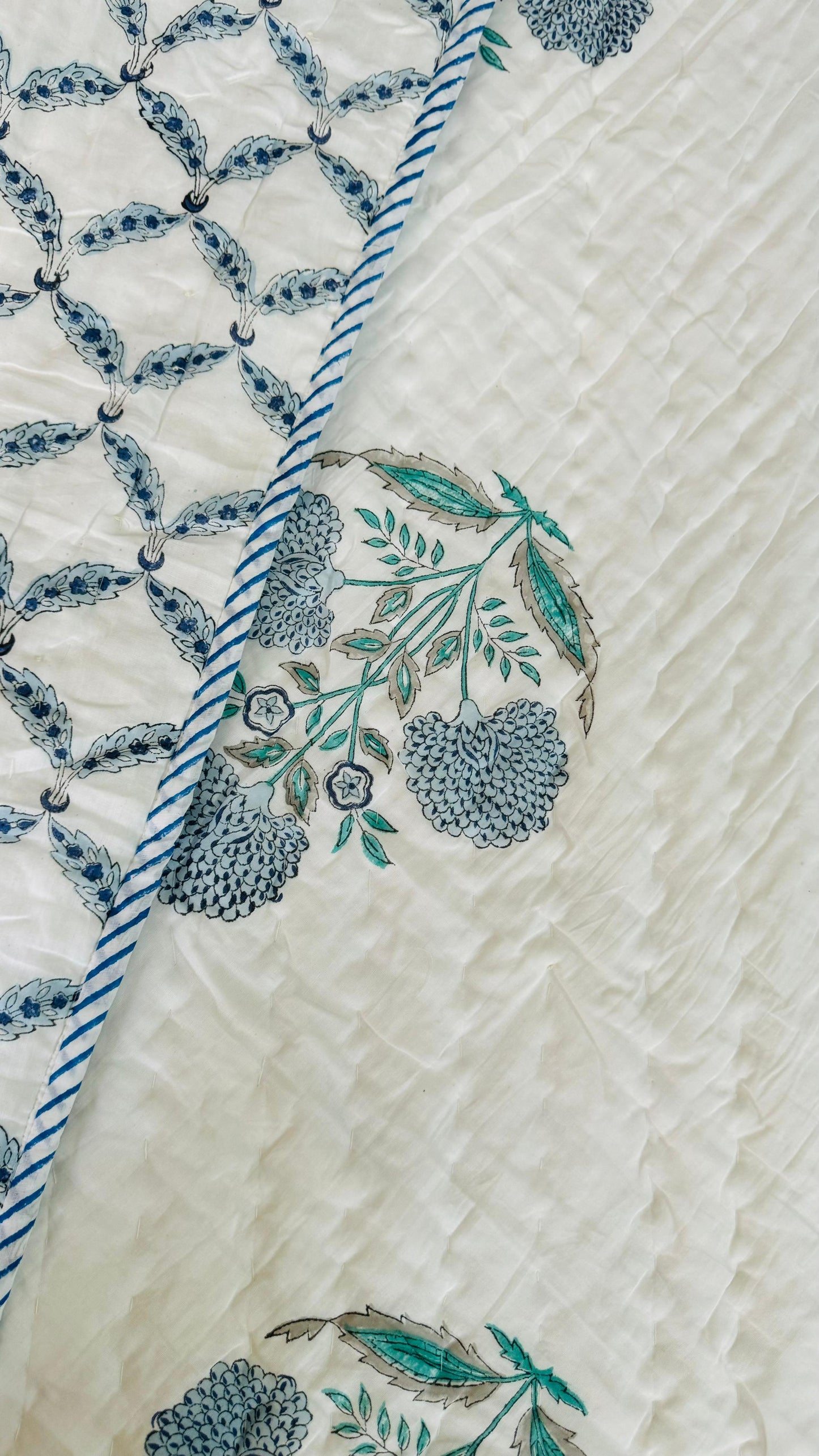 Ice Blue Garden Mul Mul Cotton Block Printed King Size Reversible Quilt