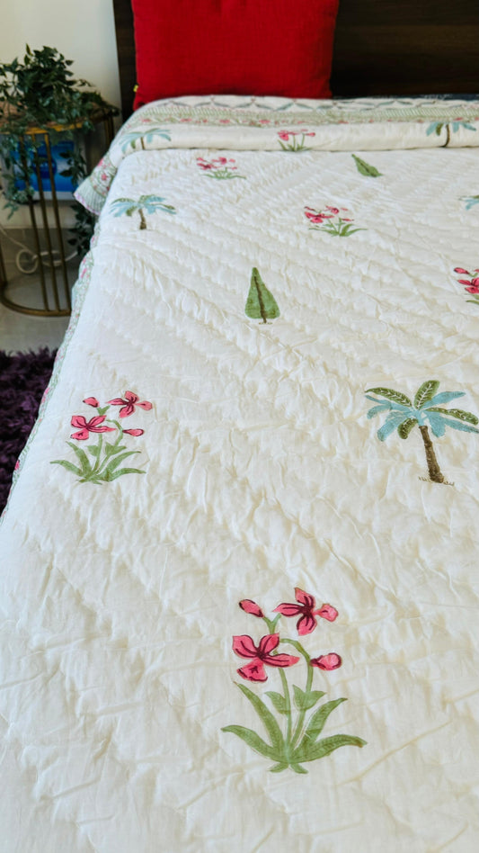 Ice Blue Palm Mul Mul Cotton Block Printed King Size Reversible Quilt
