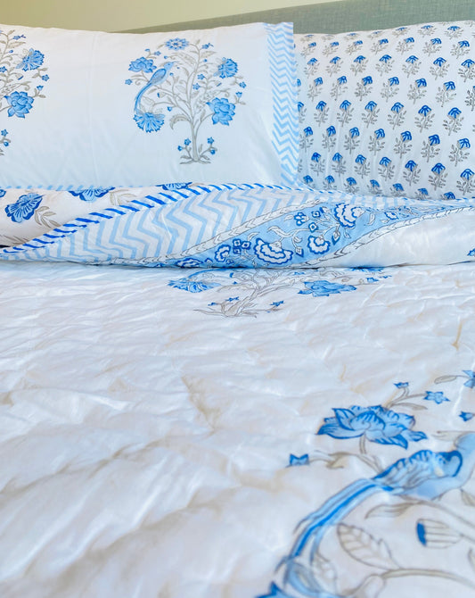 Blue Peafowl Mul Mul Cotton Block Printed King Size Reversible Quilt