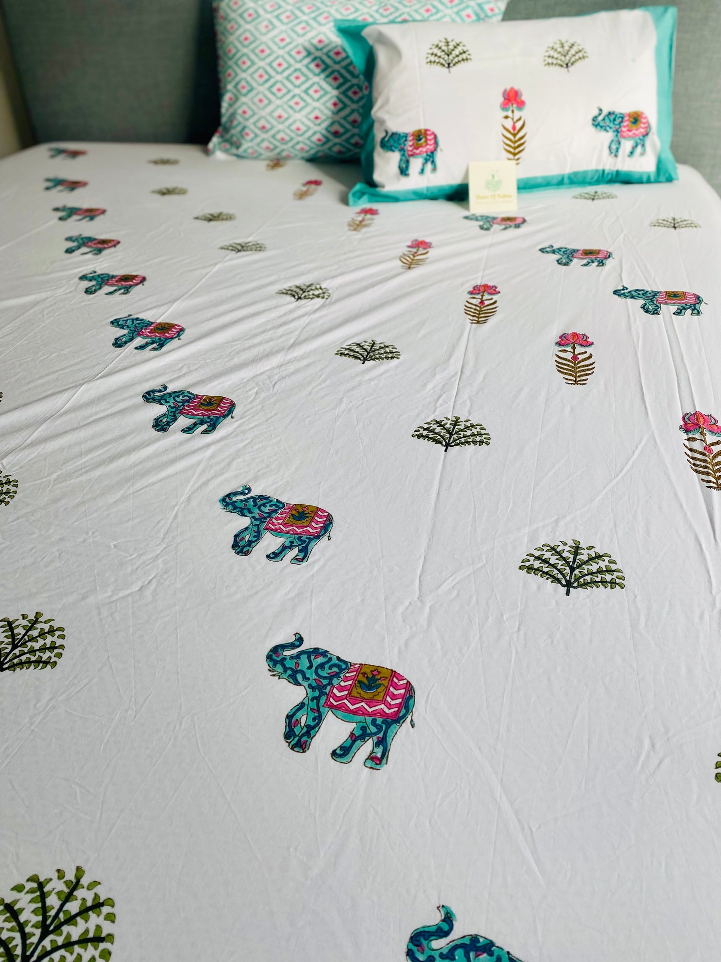 Elephant in the Bush Cotton Block Printed Fitted Bedsheet