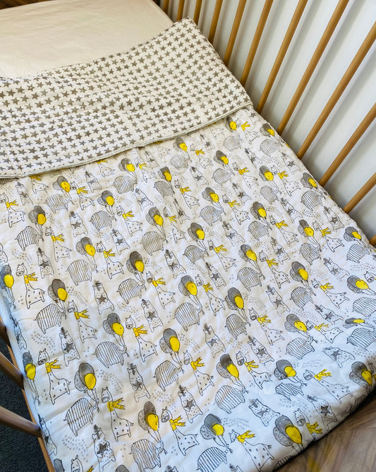 Yellow Elephant and Giraffe Mul Mul Cotton Block Printed Reversible Baby Cot Quilt