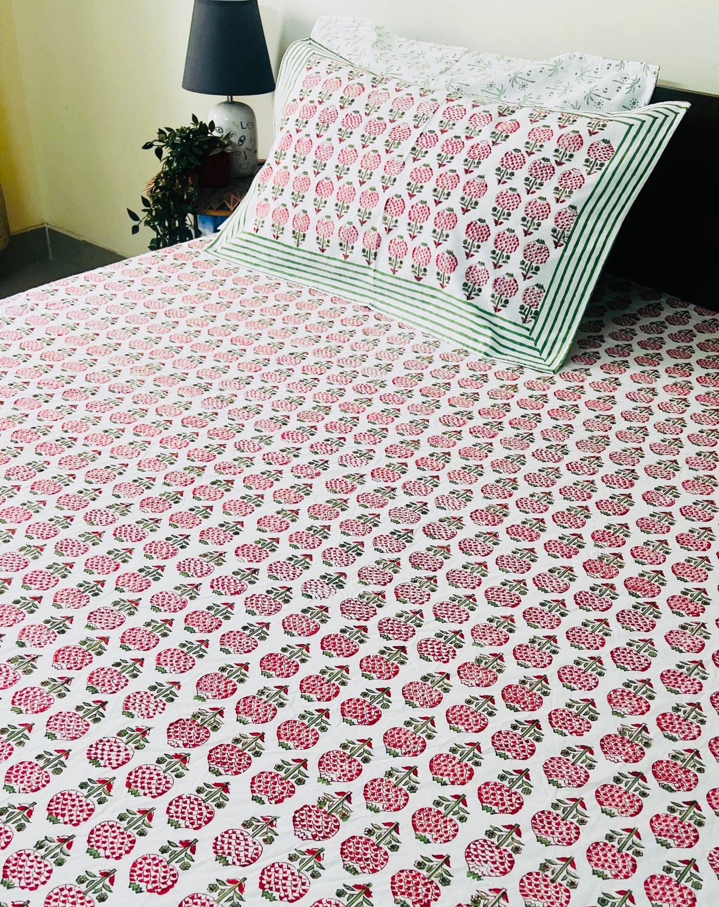 Garden of Pomegranate Cotton Block Printed Fitted Bedsheet