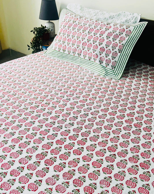 Garden of Pomegranate Cotton Block Printed Fitted Bedsheet
