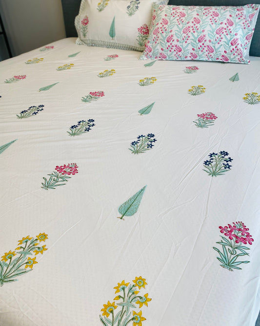 Floral Buti and Cypress Cotton Block Printed Fitted Bedsheet