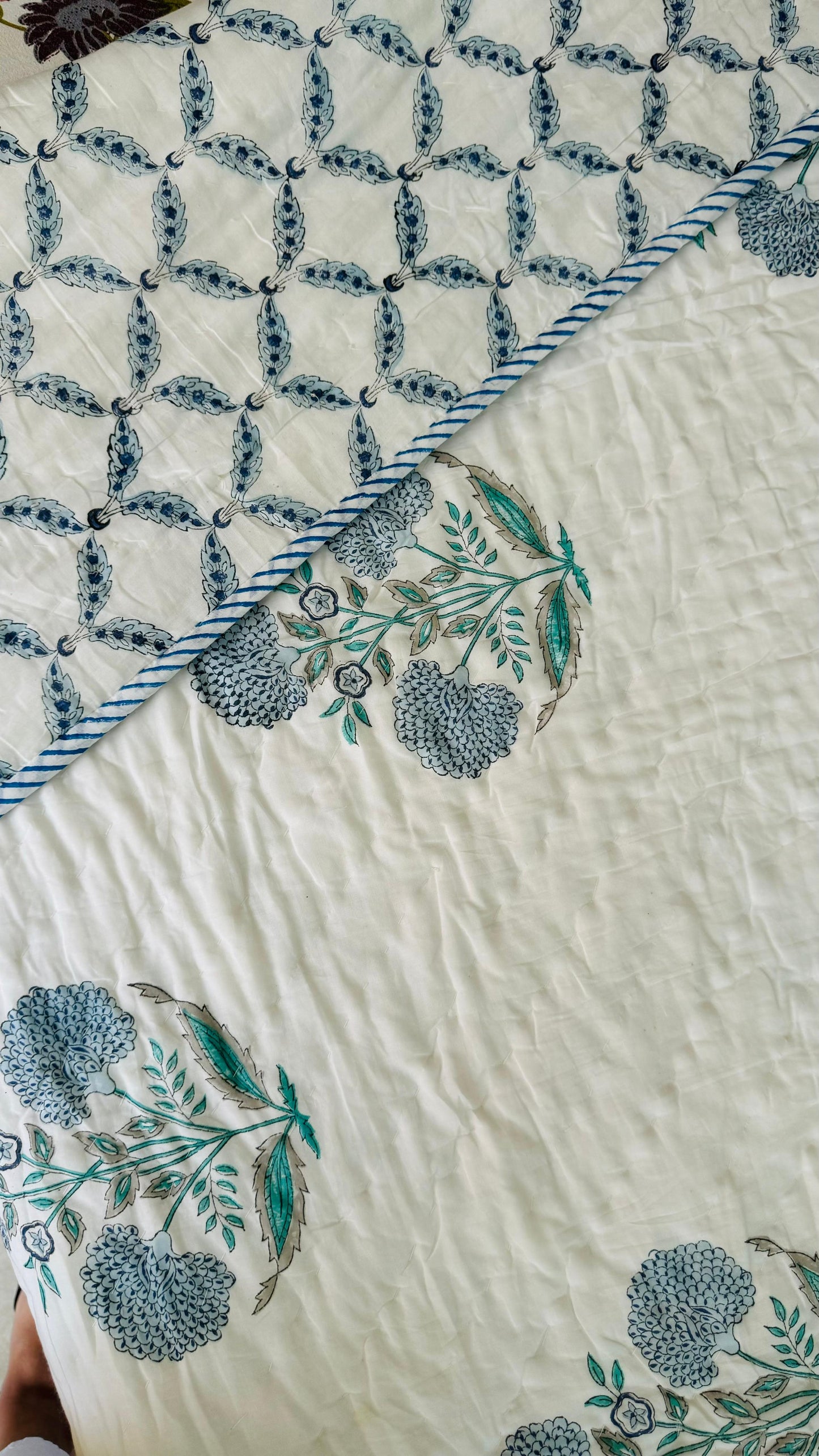 Ice Blue Garden Mul Mul Cotton Block Printed King Size Reversible Quilt