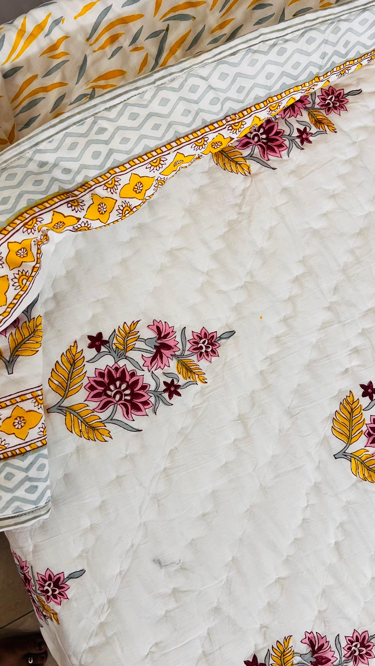 Yellow Poppy Bouquet Mul Mul Cotton Block Printed King Size Reversible Quilt