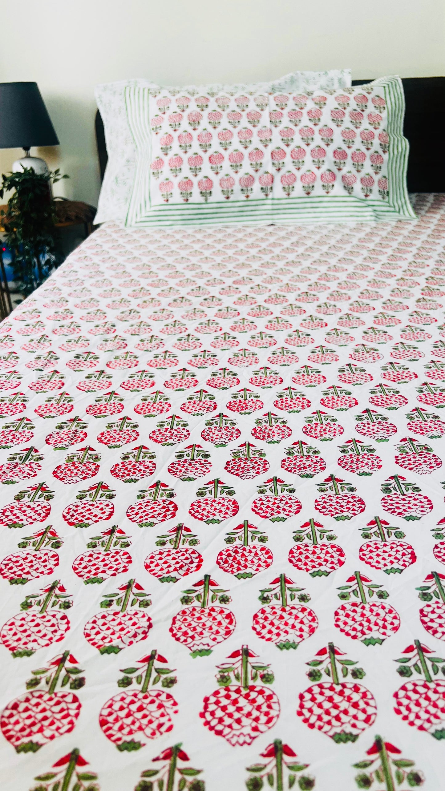 Garden of Pomegranate Cotton Block Printed Fitted Bedsheet