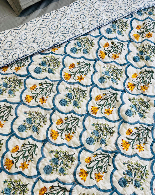 Poppy and Cypress Jaal Mul Mul Cotton Block Printed King Size Reversible Quilt