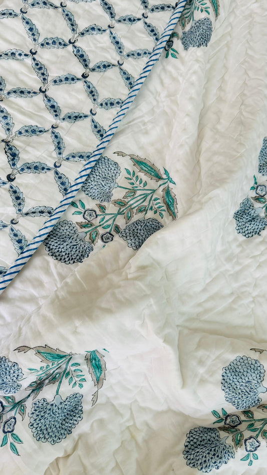 Ice Blue Garden Mul Mul Cotton Block Printed King Size Reversible Quilt